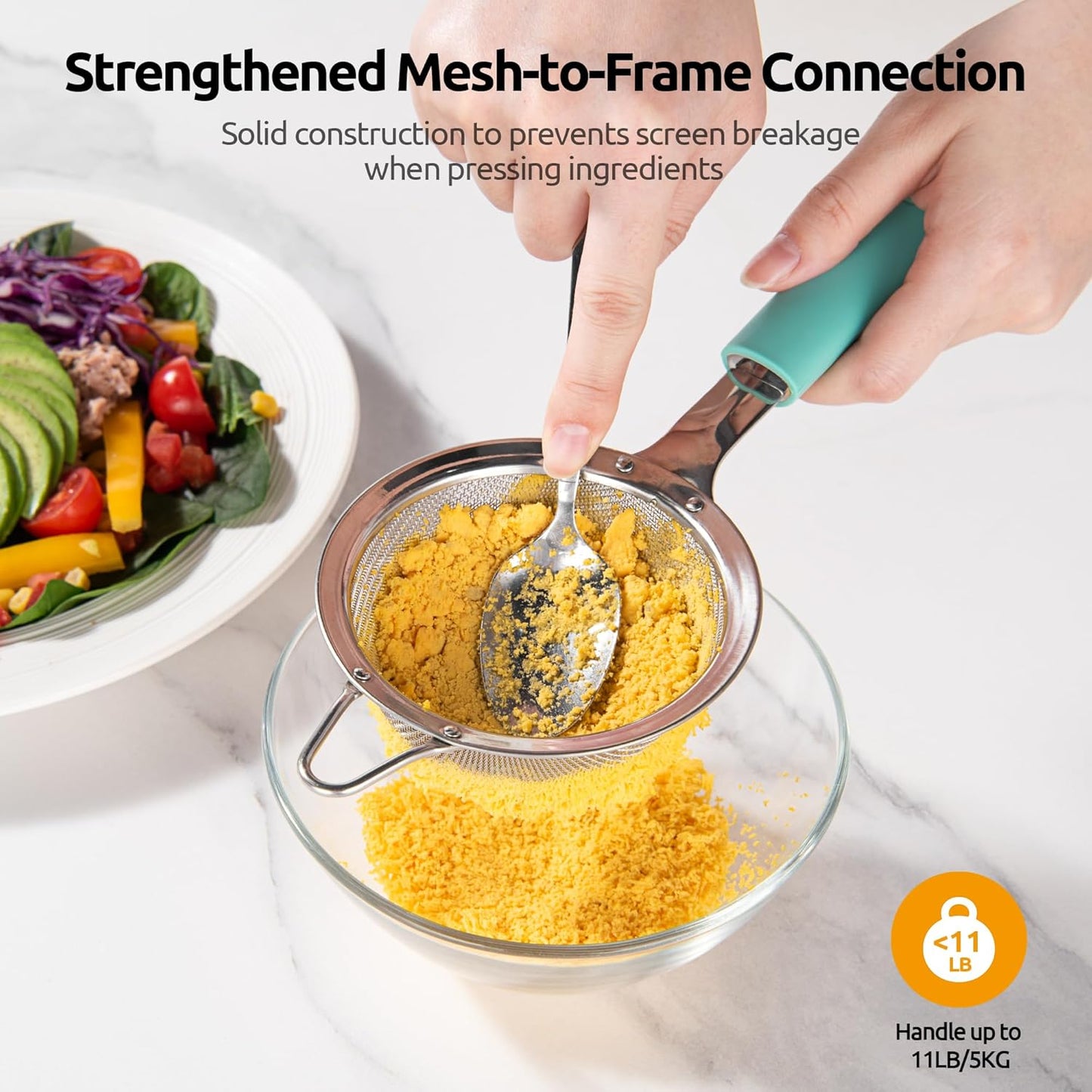 U-Taste Medium Fine Mesh Strainer: 18/8 Stainless Steel 4.73in 30 Mesh Kitchen Food Sieve with Sturdy Riveted Silicone Handle, Heavy Duty Deep Handheld Metal Colander for Rice, Quinoa, Flour (Black)