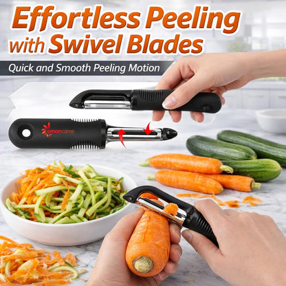 Fruits & Vegetables Peeler Set – Y Peeler Ultra-Sharp Stainless Steel Swivel Standard, Serrated, & Julienne Blades
