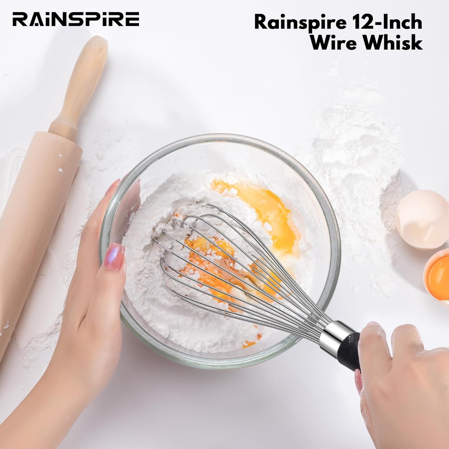Rainspire 12-Inch Wire Whisk Stainless Steel, Balloon Whisks for Cooking, Wisk Wisking Tool With Soft Silicone Handle, Thick Durable Whisker for Blending, Beating, Whisking, Stirring, Pink