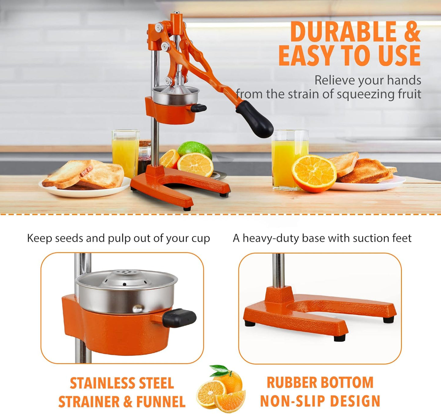 Commercial Heavy Duty Cast Iron Hand Press Manual Orange Citrus Lemon Lime Grapefruit Pomegranate Fruit Juice Squeezer Machine with Stainless Steel Cup