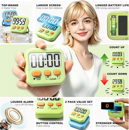 Antonki 2 Pack Digital Timer for Kids, Magnetic Countdown Kitchen Timers for Cooking, Egg, Classroom, Teacher, Exercise, Study, Oven - Battery Included