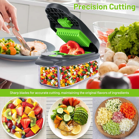2-in-1 Vegetable Dicer, Onion Chopper with 6.7mm and 13.5mm Dicing Blades, 1.5L Food Prep Container for Salad, Potato, Tomato, Home Kitchen Meal Prep (White & Black)