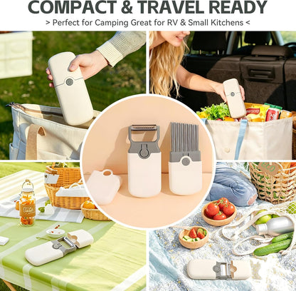 3-in-1 Vegetable Peeler with Built-in Storage Case – Julienne & Crinkle Cutter, Compact Travel-Friendly Fruit Peeler, Safe No-Exposed Blade Design for Kitchen, Camping & Meal Prep