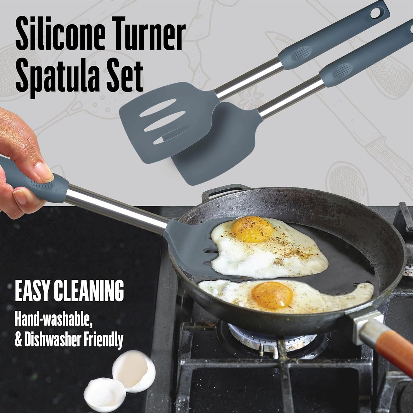 Silicone Spatula Set (2-Pc) - 600°F Heat Resistant, BPA Free, Non-Scratch, Dishwasher Safe I Slotted & Solid Kitchen Spatula Turners I Ideal for Eggs, Pancakes, Fish I Stainless Steel I Gray