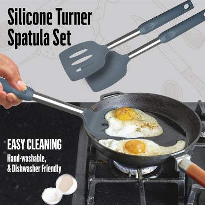 Silicone Spatula Set (2-Pc) - 600°F Heat Resistant, BPA Free, Non-Scratch, Dishwasher Safe I Slotted & Solid Kitchen Spatula Turners I Ideal for Eggs, Pancakes, Fish I Stainless Steel I Gray
