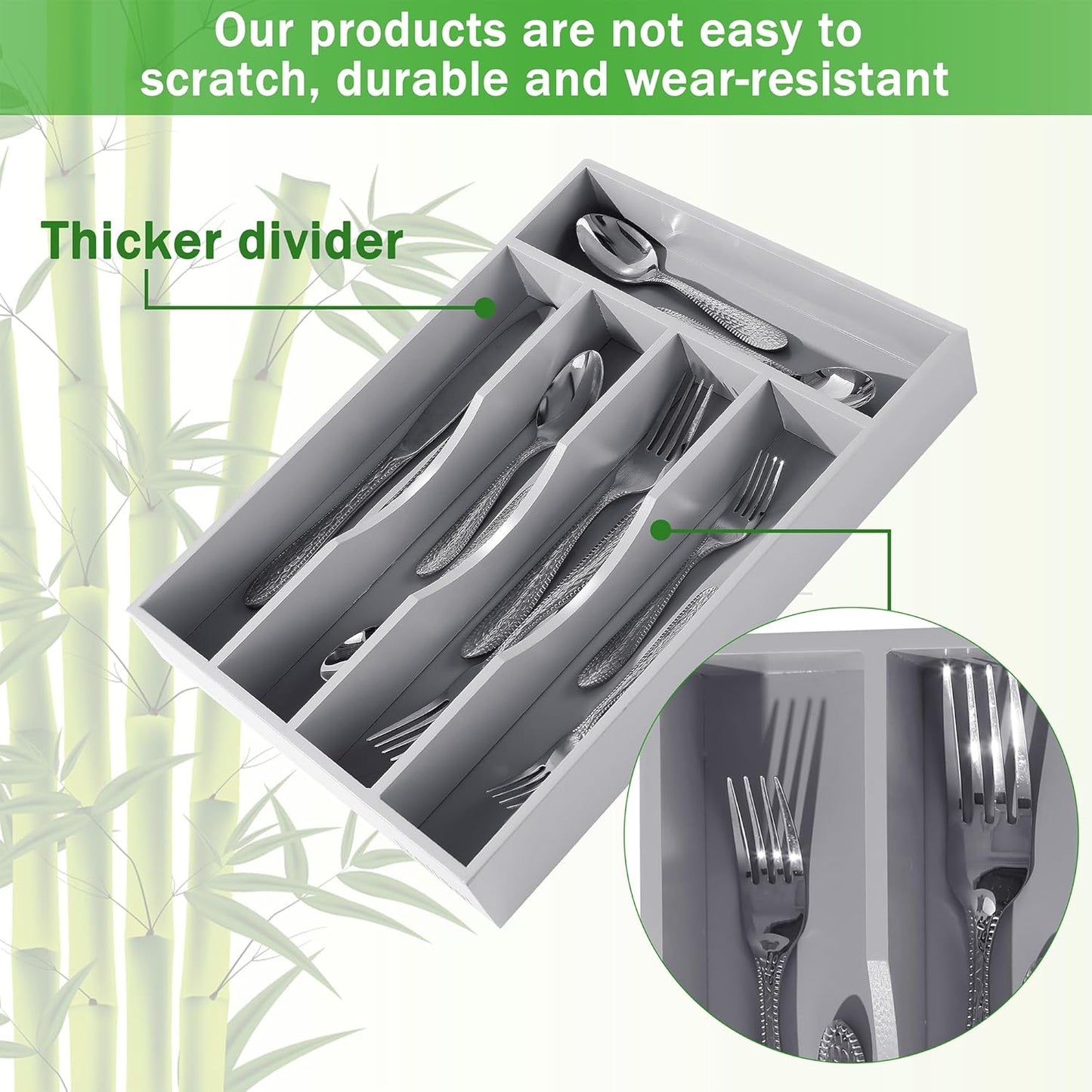 Greenual Black Silverware Organizer 10 In Utensil Organizer Silverware Tray for Drawer Cutlery Flatware Organizer for Kitchen Bamboo Wood