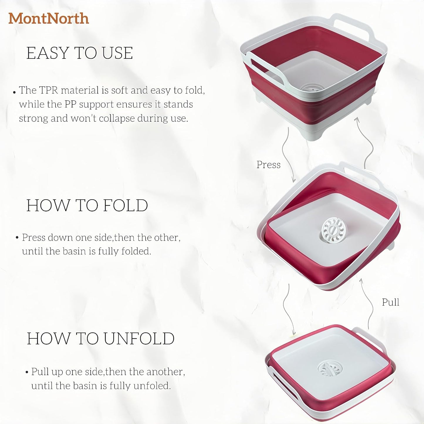 MontNorth Collapsible Wash Basin 9L, Foldable Dish Tub with Drain Plug, Portable Collapsible Dish Basin, Camping Sink for Washing Dishes, Laundry & Kitchen Use,Gray