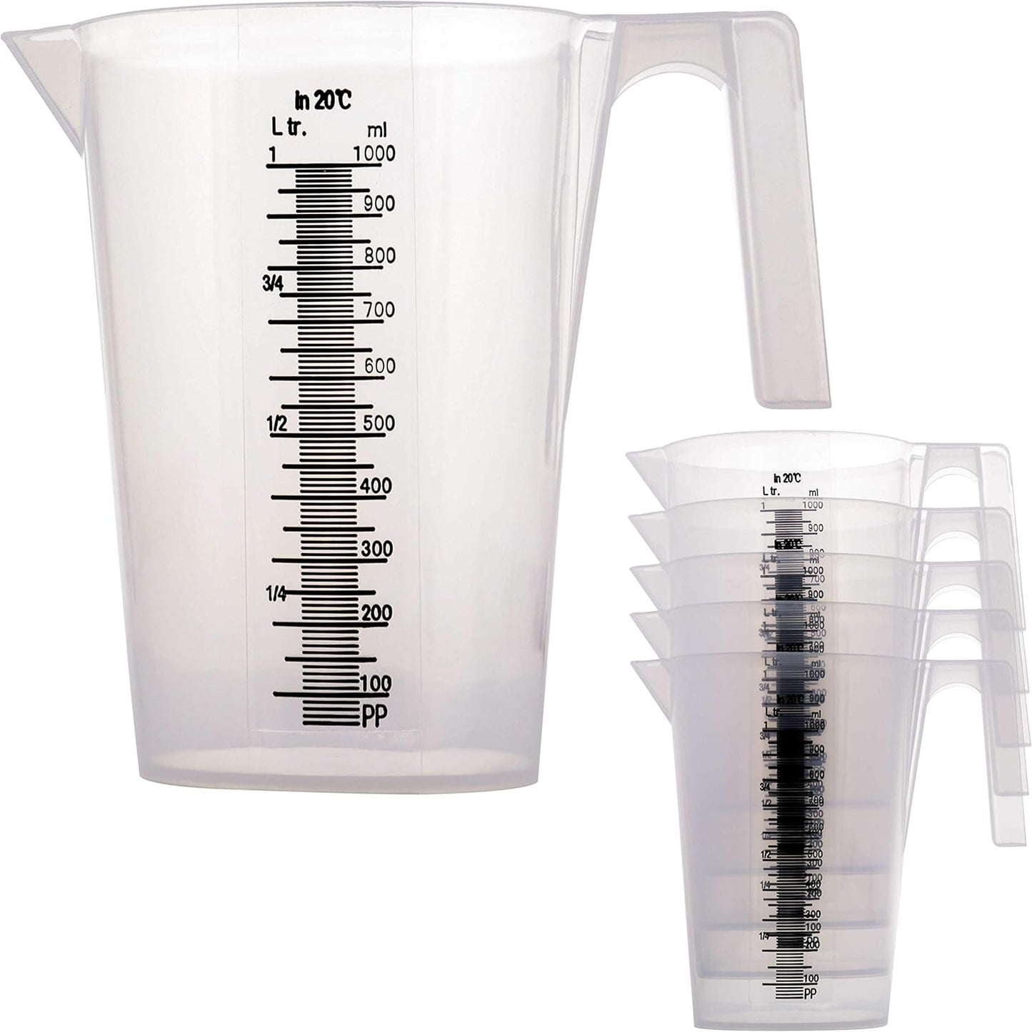 TCP Global 5 Piece Set of Plastic Graduated Measuring and Mixing Pitchers - 500, 1000 Quart, 2000, 3000, 5000 ml Gallon Sizes - Pouring Cups, Measure & Mix Paint, Resin, Epoxy, Kitchen Cooking Baking