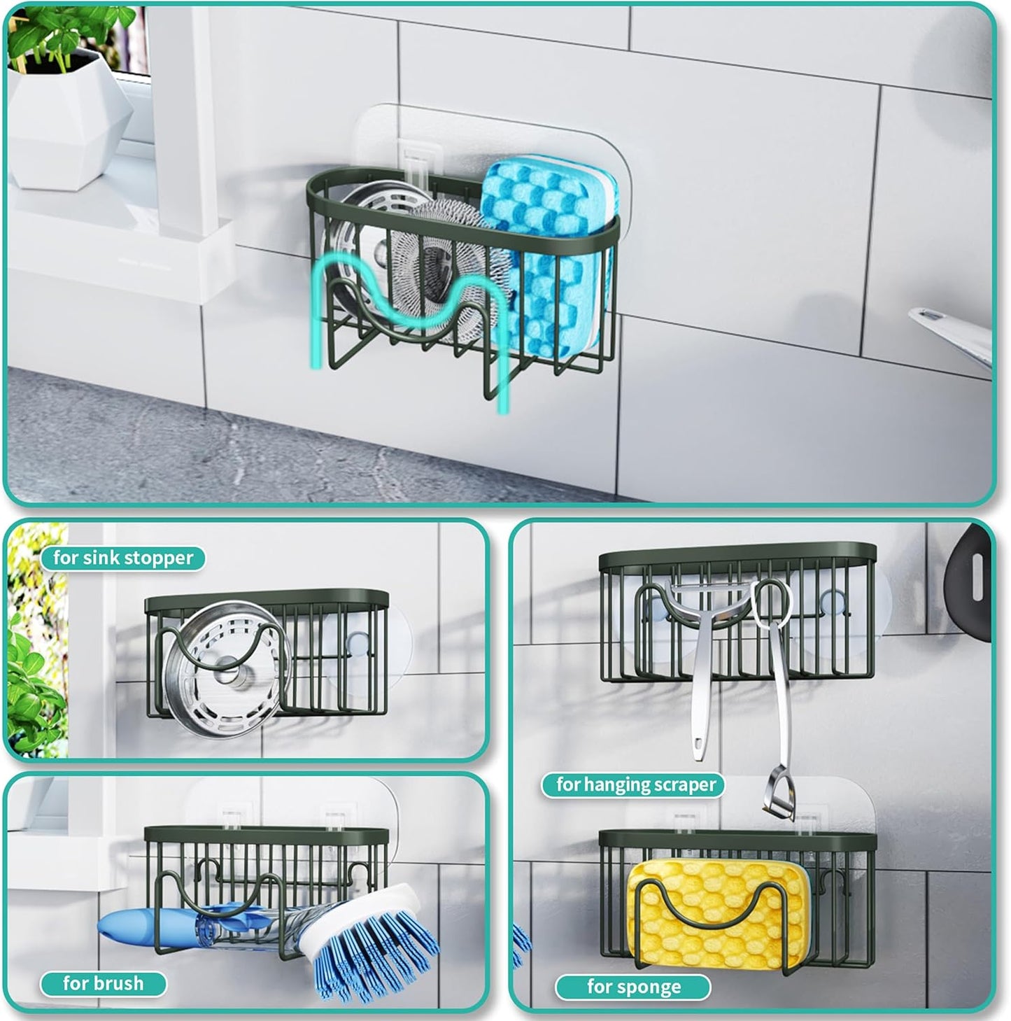 HapiRm Multifunctional Sponge Holder with Unique M-Shaped, 2 Installation Methods Kitchen Sink Caddy Organizer, Rustproof Stainless Steel Kitchen Organizers and Storage Essentials - Black