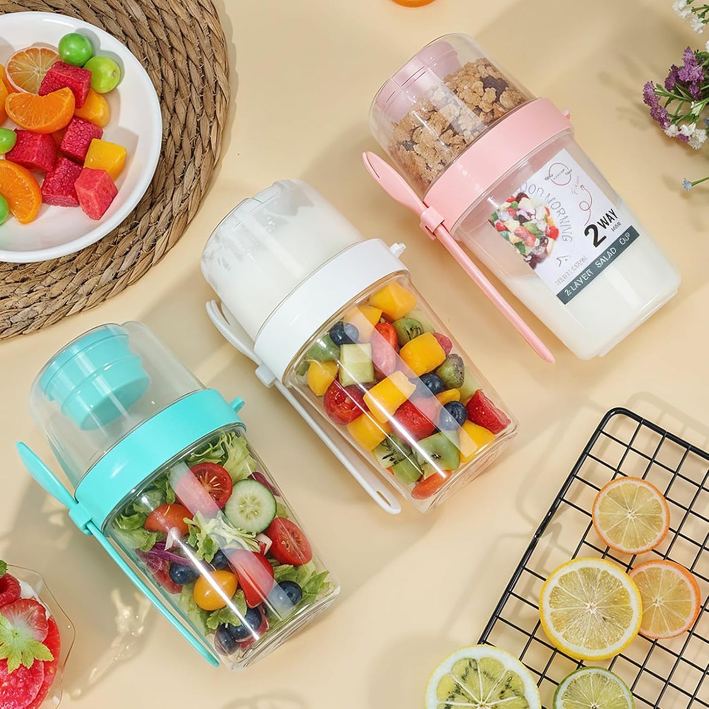 6 Pcs Salad Shaker Cup with Lids and Fork Fresh Salad Shaker Container for Lunch, Portable Breakfast Meal Vegetable and Fruits, White, Pink, Green
