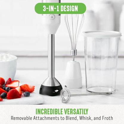 GreenLife 500-Watt Immersion Electric Handheld Stick Blender with Stainless Steel Blades, Whisk, Frother, Measuring Cup and Lid, Soups, Puree, Cake, Multi-Speed Control, Portable, Turquoise