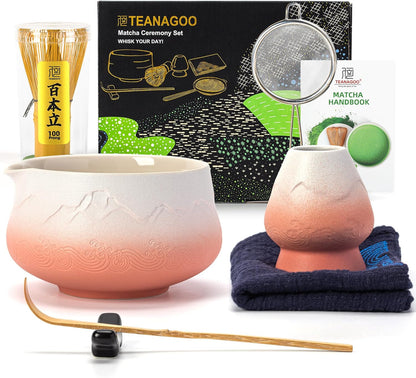 TEANAGOO 7 Pcs Matcha Whisk Set, Pink Matcha Set, Ceremony Matcha Powder Kit,Matcha Tea Set for Making Latte,Matcha Whisk Set and Bowl with Scoop&Sifter,Fuji Design Ceramic Bowl,Gift for Matcha Lovers