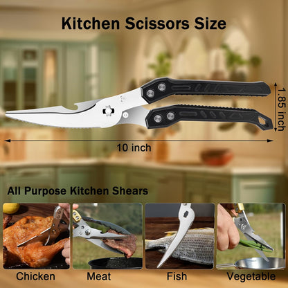 Heavy Duty Kitchen Poultry Shears - Professional Food Scissors for Spatchcocking Chicken, Cutting Raw Meat & Poultry Bones, Thick Steel Blades, Spring-Loaded, Dishwasher Safe Black