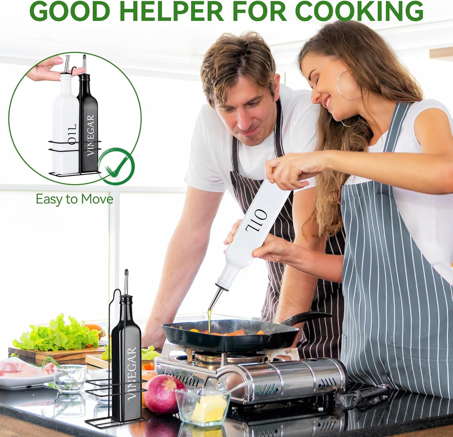 Vakoo Oil and Vinegar Dispenser Set - 17oz/500ml, Extra Thick Glass, Leak-Proof, Olive Oil Dispenser Bottle for Kitchen (White Black)