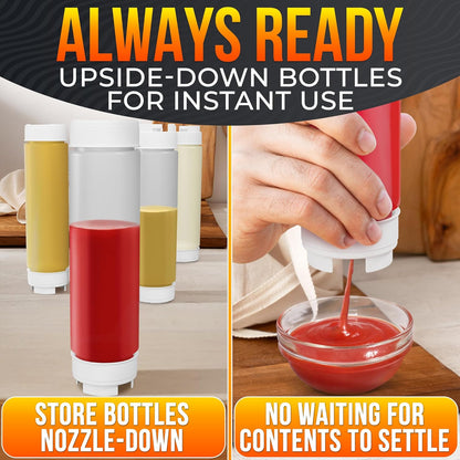 Set of 3 Inverted Condiment Squeeze Bottles 16 oz – Upgraded Design with Added Sealing Gaskets, Self-Closing Valve, Easy-to-Fill Clear Bottles for Sauces, Dressings, Ketchup, Mustard for Everyday Use