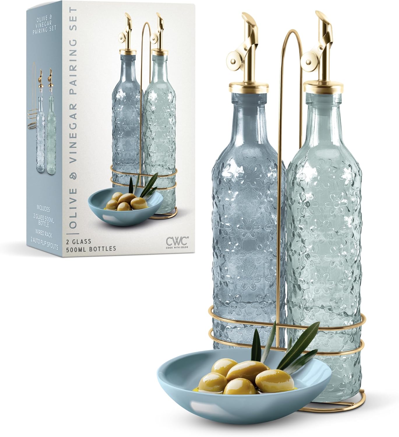 COOK WITH COLOR Glass Olive Oil Bottle Dispenser - 2 Pack- 17oz Oil and Vinegar Cruet - Olive Oil Carafe Decanter for Kitchen, Elegant Waves, Clear