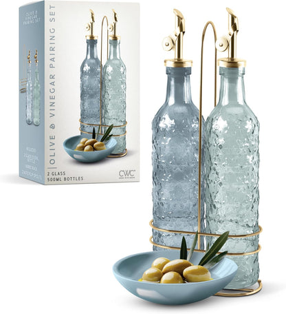 COOK WITH COLOR Glass Olive Oil Bottle Dispenser - 2 Pack- 17oz Oil and Vinegar Cruet - Olive Oil Carafe Decanter for Kitchen, Elegant Waves, Clear
