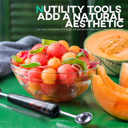 Homestia Double-Sided Stainless Steel Melon Baller - Fruit Ice Cream Scoop Spoon for Watermelon, Cantaloupe, Sorbet, Meatballs, 9.6 Inch with Gemstone Handle Icecream Melon Scooper