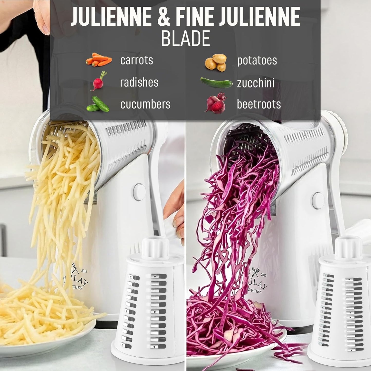 Zulay Kitchen Rotary Cheese Grater 5 Blade Cheese Shredder - Manual Hand Crank Cheese Grater With Reinforced Suction & 5 Interchangeable Drums - Easy to Use, Vegetable Chopper Round Mandoline Slicer - Colors B