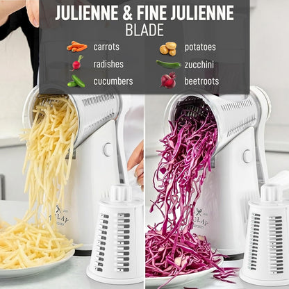 Zulay Kitchen Rotary Cheese Grater 5 Blade Cheese Shredder - Manual Hand Crank Cheese Grater With Reinforced Suction & 5 Interchangeable Drums - Easy to Use, Vegetable Chopper Round Mandoline Slicer - Colors B