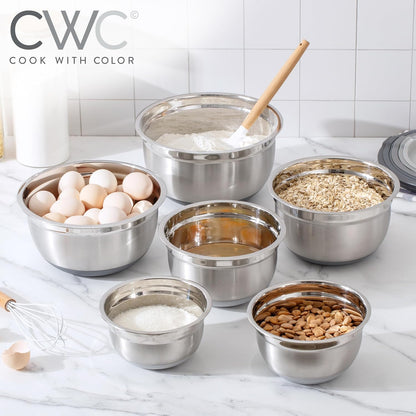 COOK WITH COLOR Stainless Steel Mixing Bowls Set with Lids - Nesting Bowls with Non-Slip Bottom, Silver, 14 Pieces
