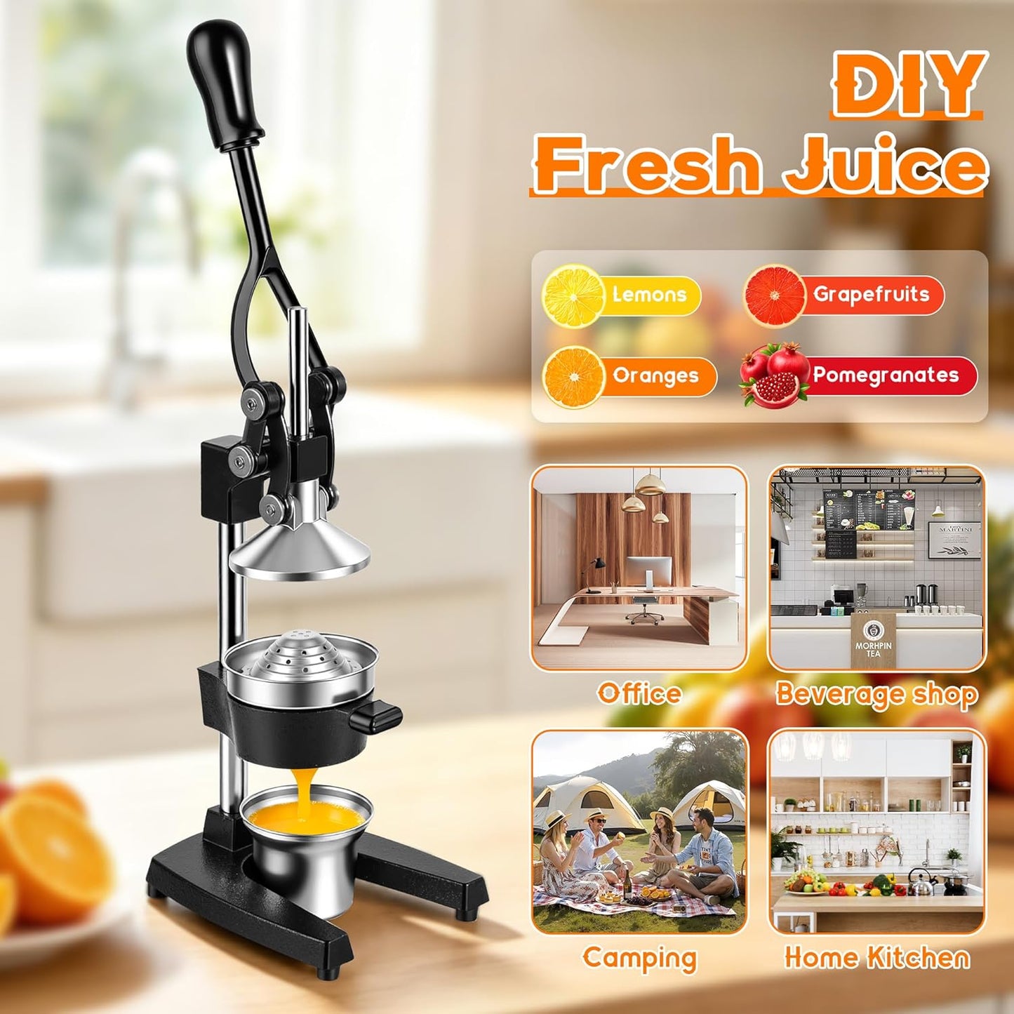 Cast Iron Juicer,Manual Juicer Heavy Duty,Juicer Press for Citrus Lemon Grapefruit Pomegranate, Hand Press Orange Squeezer for Home and Bar Use (Black)