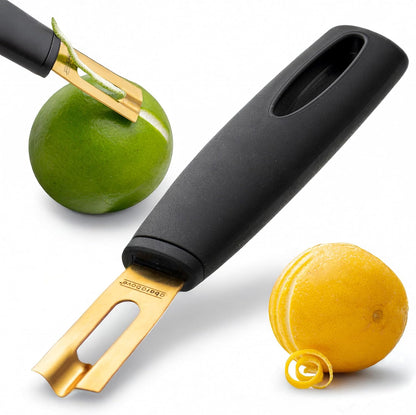 A Bar Above Black Handle Stainless Steel Channel Knife, Chef-Grade Citrus Garnish Tool, Zester and Fruit Peeler for Cocktails, Culinary Presentation, and Kitchen Use