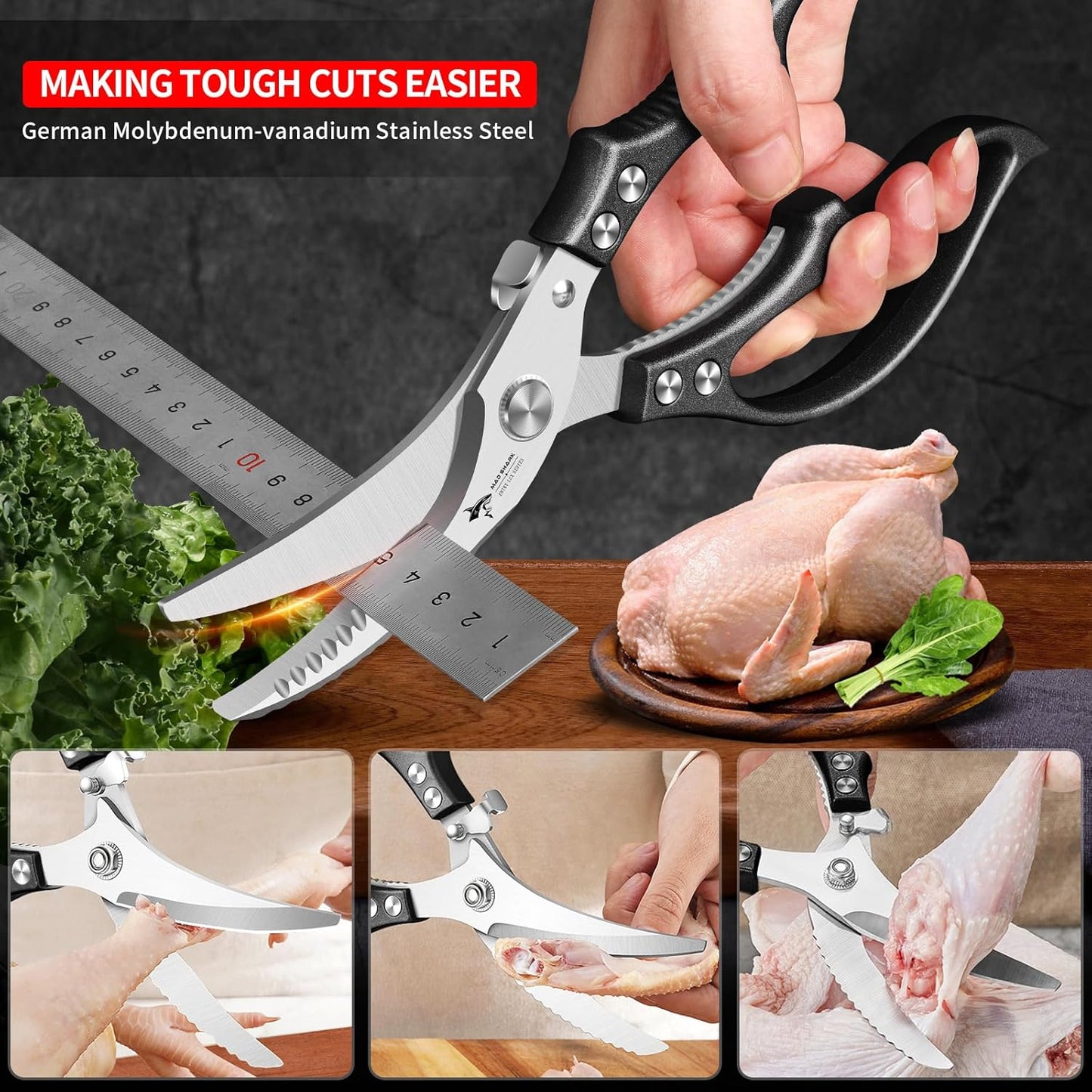 MAD SHARK Heavy Duty Poultry Shears, Kitchen Shears with Non-Slip Handle & Safety Lock, All Purpose Kitchen Scissors for Chicken, Meat Cutting, Turkey, Fish, Vegetables, Spring Loaded, Dishwasher Safe