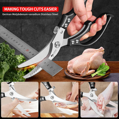 MAD SHARK Heavy Duty Poultry Shears, Kitchen Shears with Non-Slip Handle & Safety Lock, All Purpose Kitchen Scissors for Chicken, Meat Cutting, Turkey, Fish, Vegetables, Spring Loaded, Dishwasher Safe