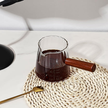 Glass Measuring Cup, 12oz Pour Over Coffee Maker with Wood Handle, Creative V-Shaped Spout Creamer Milk Frothing Pitcher Coffee Carafe Server (2-Gray)