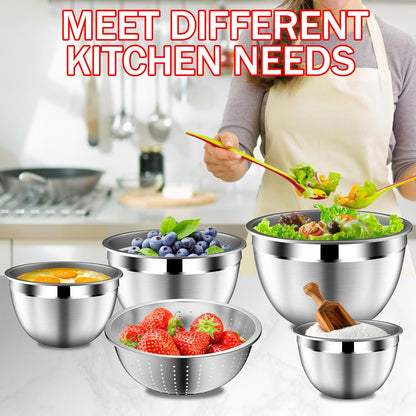 DUTZUN Mixing Bowls with Lids Set, Stainless Steel Mixing Bowls with Colander, Strainer with Mixing Bowl Set, Serving Bowl Kitchen Gift, Size 4.5, 2.5, 2, 1.5QT - Black