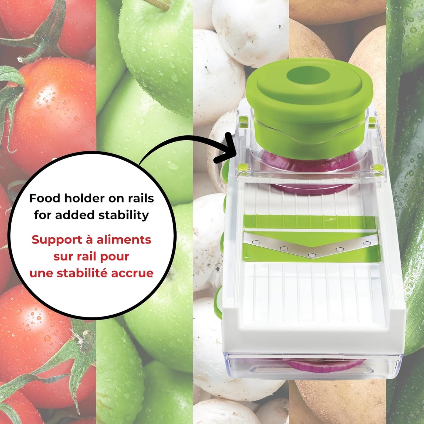Starfrit Easy Mandoline Slicer, Dicer - 5-Blades and Graters - Straight & Crinkle Blades, Julienne, Grater & Shredder - Self-Feeding Pusher - Catch Base for Storage and Food Container