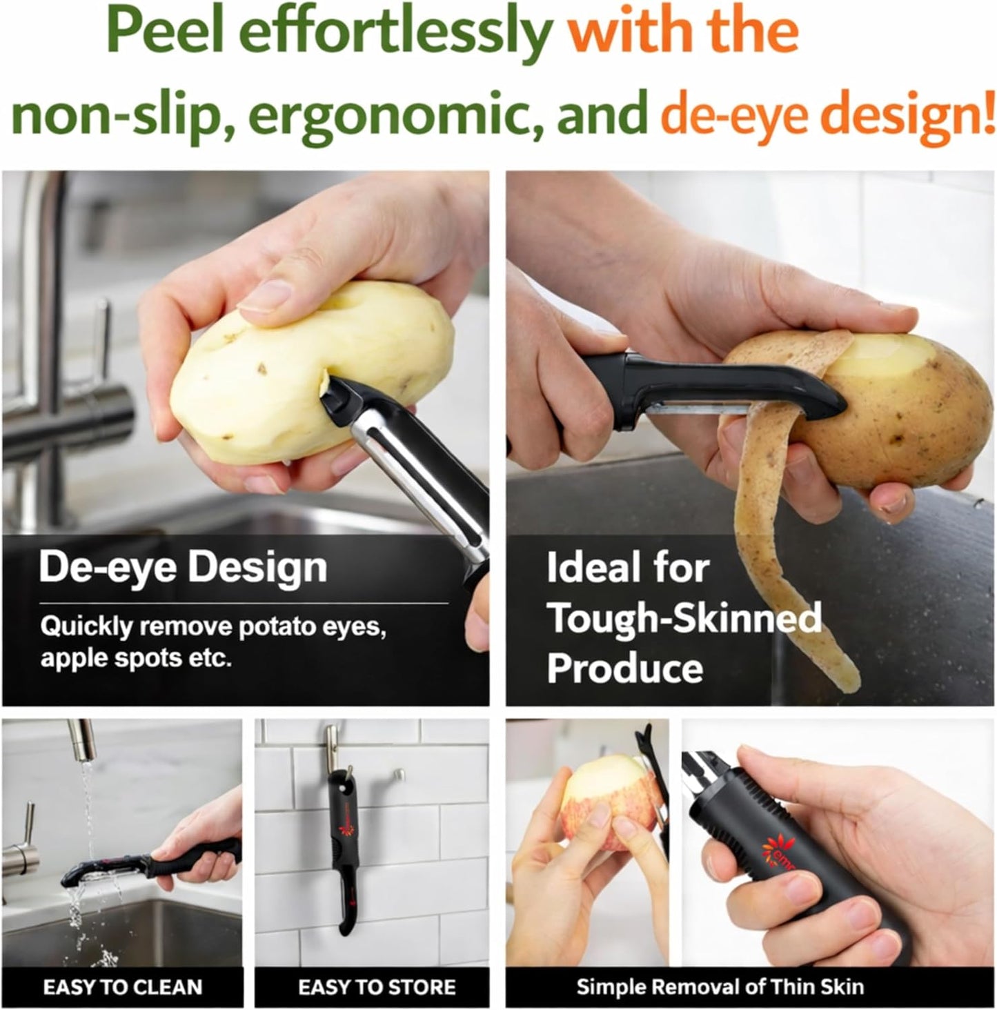 Fruits & Vegetables Peeler Set – Y Peeler Ultra-Sharp Stainless Steel Swivel Standard, Serrated, & Julienne Blades