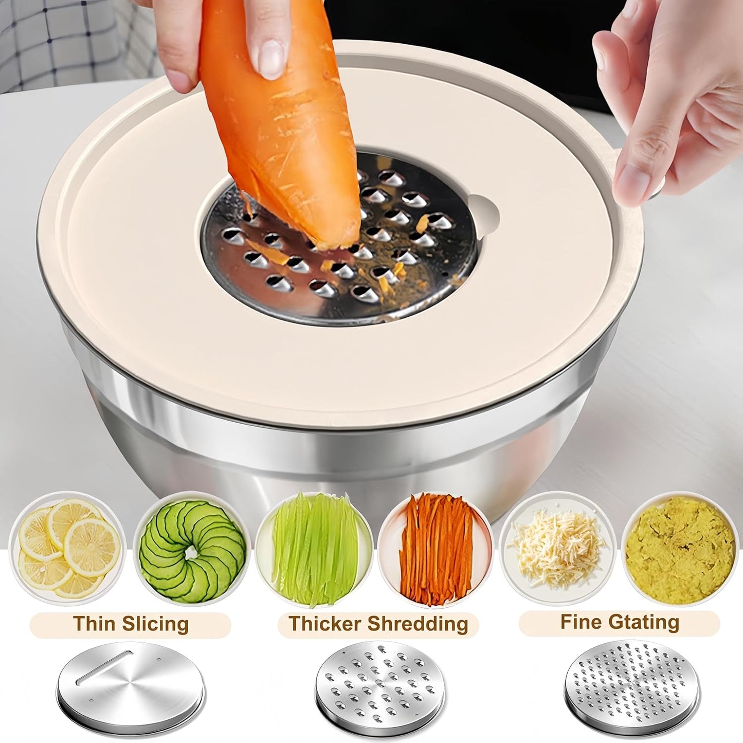 Mixing Bowls with Lids Set,7PCS Stainless Steel Bowls with 3 Grater Attachments and Measuring Spoons,Ideal for Kitchen Cooking & Serving,Non-slip Bottoms Size 6, 4, 3, 2.1,1.5,1,0.63QT (Beige)