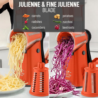 Zulay Kitchen Rotary Cheese Grater 5 Blade Cheese Shredder - Manual Hand Crank Cheese Grater With Reinforced Suction & 5 Interchangeable Drums - Easy to Use, Vegetable Chopper Round Mandoline Slicer - Colors A