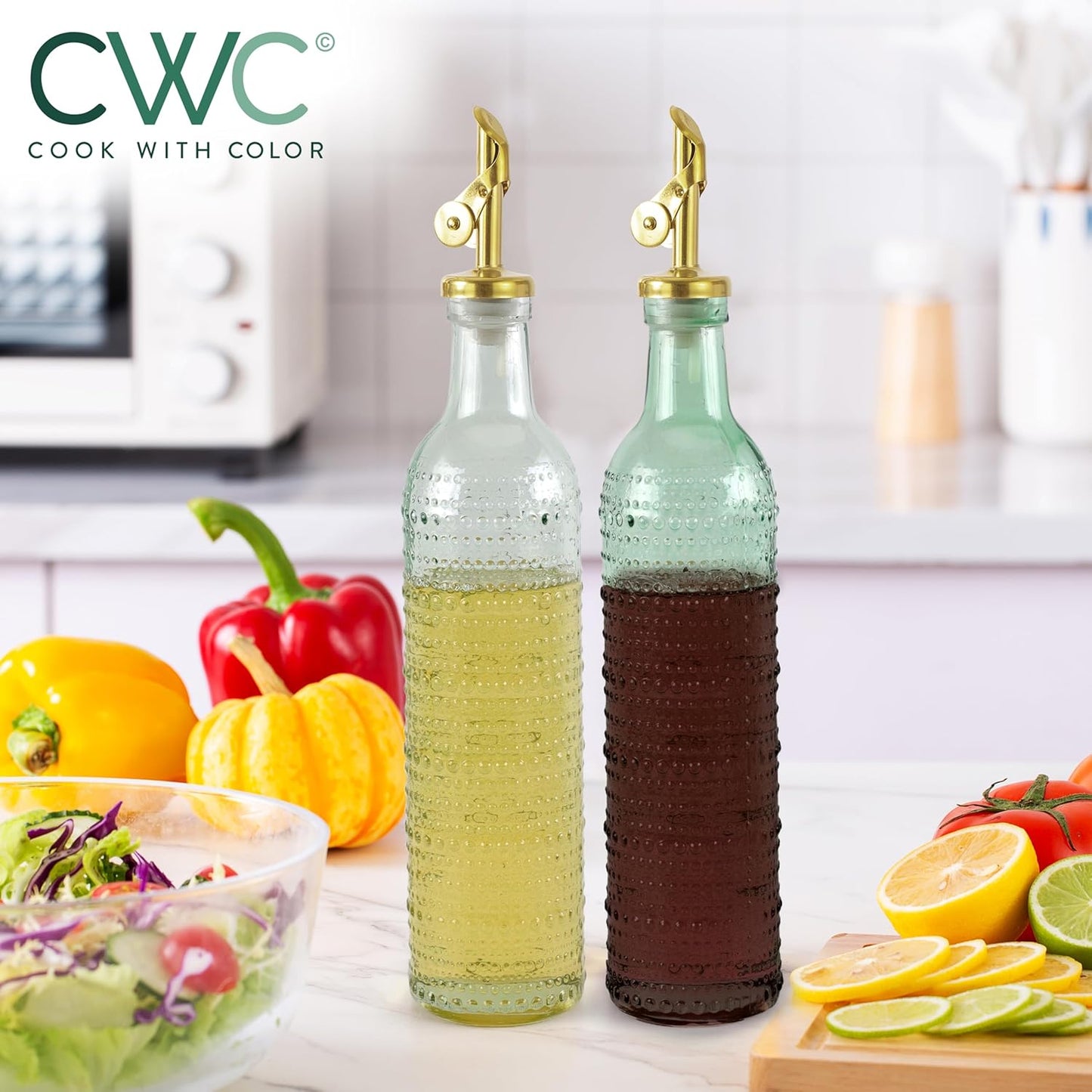 COOK WITH COLOR Glass Olive Oil Bottle Dispenser - 2 Pack- 17oz Oil and Vinegar Cruet - Olive Oil Carafe Decanter for Kitchen, Elegant Waves, Clear