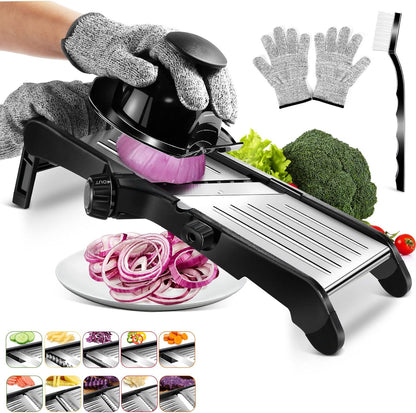 MASTERTOP Mandoline Slicer, 5 in 1 Mandoline Food Slicer for Kitchen,Stainless Steel Mini Vegetable Slicer with Safety Glove & Cleaning Brush,Adjustable Vegetable Chopper for Potatoes