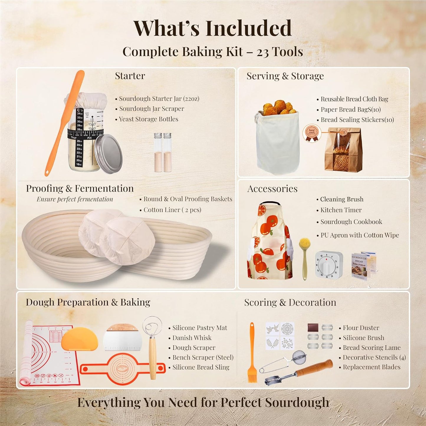 Sourdough Starter Kit, 23-Piece Bread Baking Set with Banneton Proofing Baskets Round & Oval, Starter Jar, Lame, Dough Whisk, Scraper & Sling - Sourdough Baking Supplies Gift for Beginners