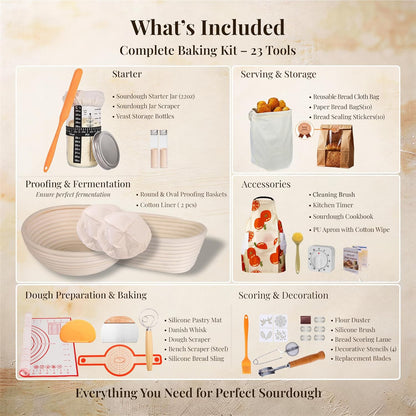 Sourdough Starter Kit, 23-Piece Bread Baking Set with Banneton Proofing Baskets Round & Oval, Starter Jar, Lame, Dough Whisk, Scraper & Sling - Sourdough Baking Supplies Gift for Beginners