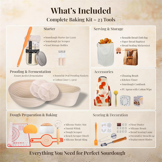 Sourdough Starter Kit, 23-Piece Bread Baking Set with Banneton Proofing Baskets Round & Oval, Starter Jar, Lame, Dough Whisk, Scraper & Sling - Sourdough Baking Supplies Gift for Beginners