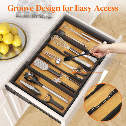 Lifewit Utensil Organizer for Kitchen Drawer, Expandable Cooking Utensil Tray, Cutlery Silverware Flatware Holder, Wood Adjustable Spatula Tools Storage Divider, 8.9-15.8 x 15.75, Natural
