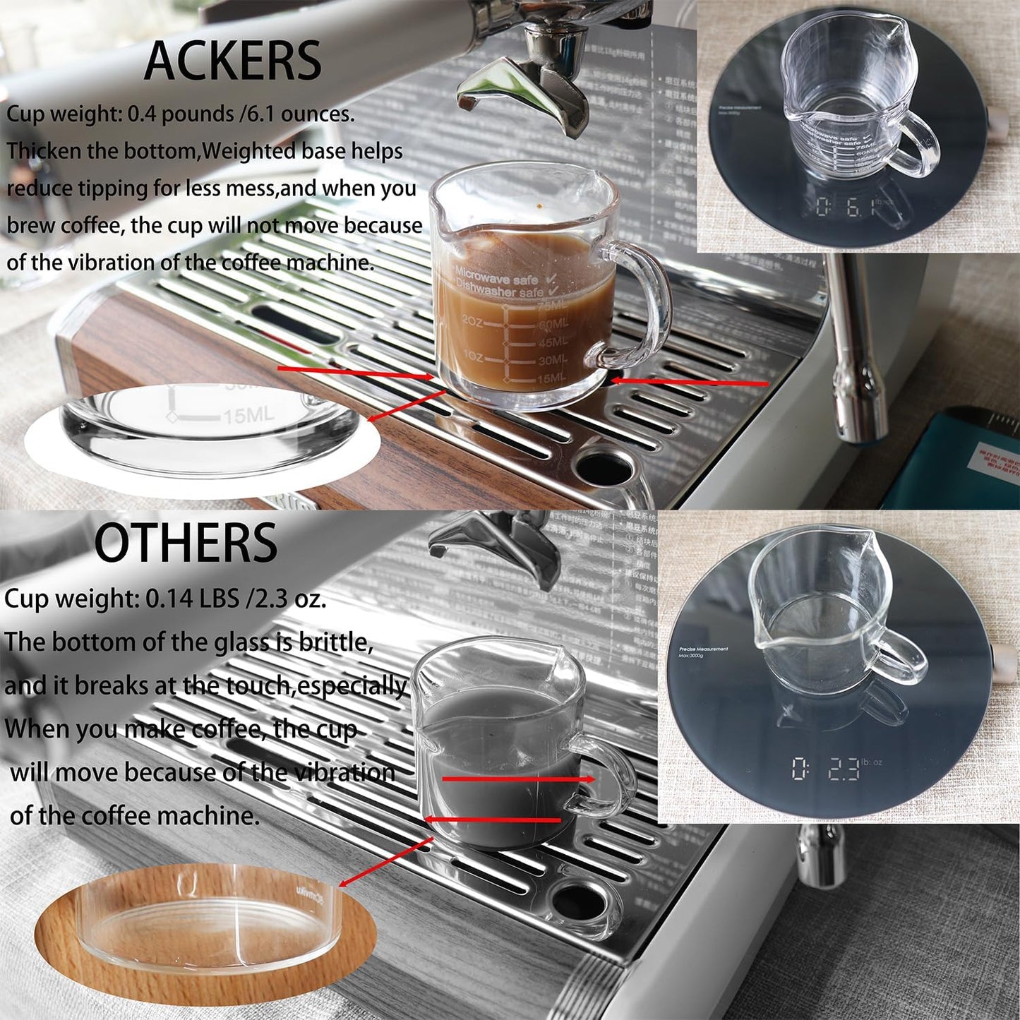Ackers Etched Scale Espresso cup with Handle, Thickened Bottom and Wall, Double V-Shaped Spout,2.5OZ Milk Frothing Pitcher,75ML Milk Cup with Handle, Espresso Accessory(Pack of 2)