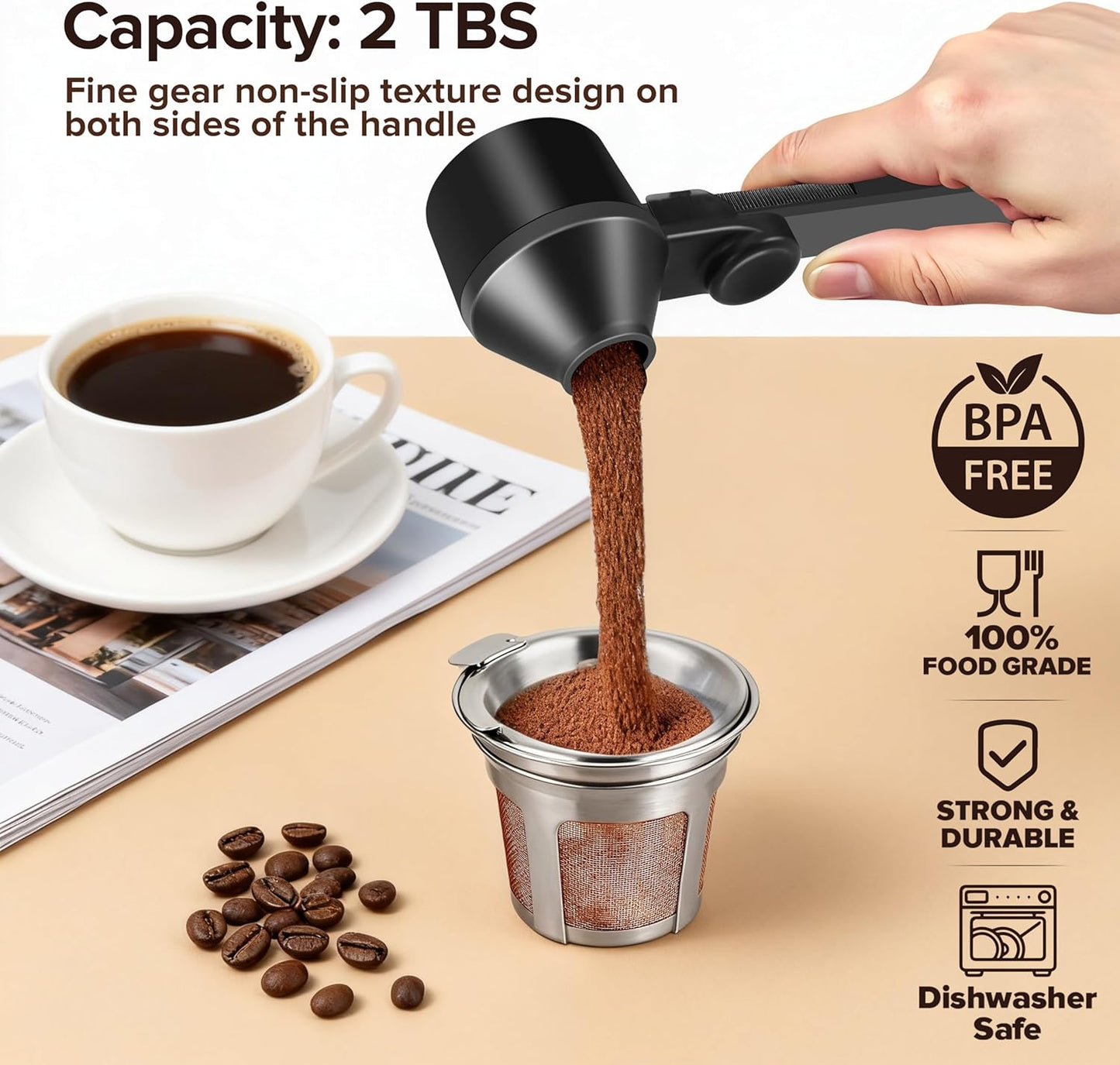 Coffee Scoop 2Tbsp & 51mm Espresso Tamper - BPA-Free PCTG Scoop Funnel, Fits K-Cups, Precise Measuring for Coffee/Protein/Powder/Hot Cocoa & Formula Dispensers (Black 1Pack)