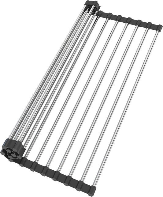 Roll Up Dish Drying Rack for Over Sink - 17.5"x15.7" Foldable Stainless Steel Kitchen Drainer, Black