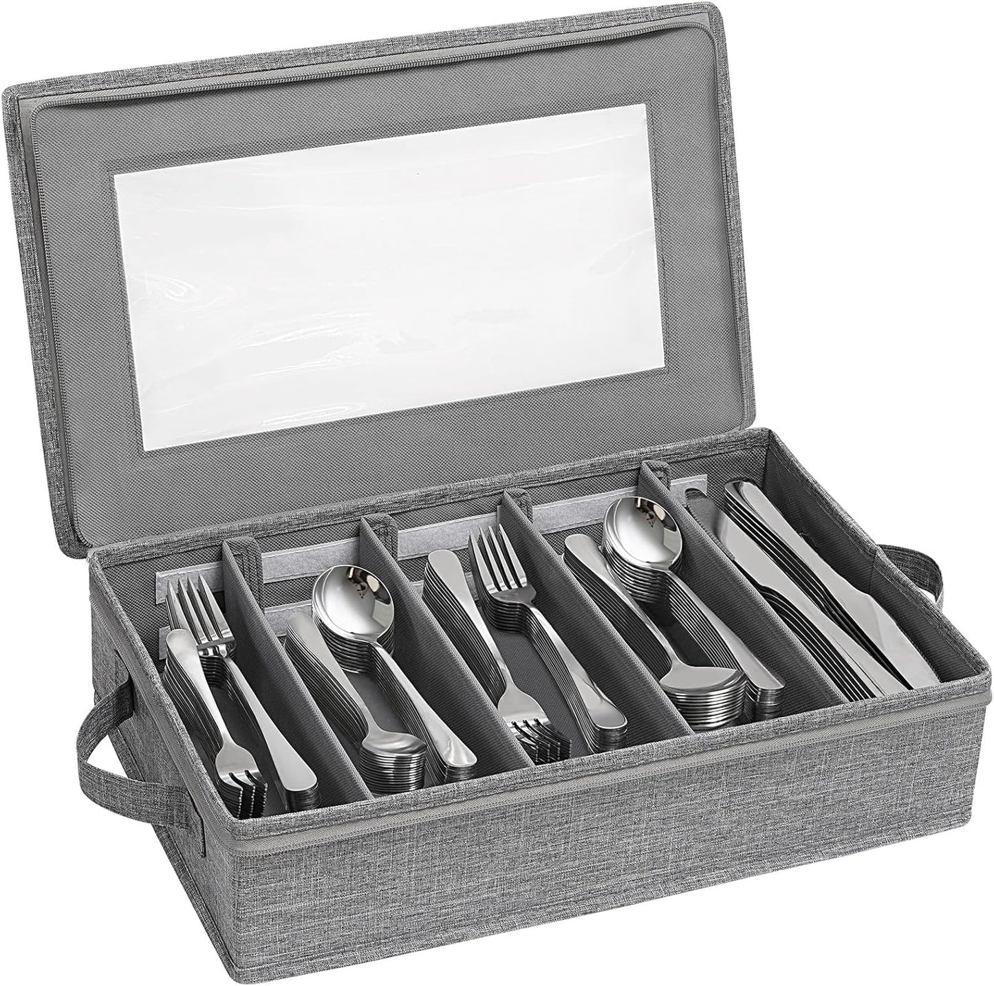 Lifewit Silverware Storage Box, Covered Flatware Organizer with Zipper Lid, 5 Compartment Cutlery Case with Adjustable Divider and Handle, Utensil Container for Spoon Fork Knives, 1 Pack