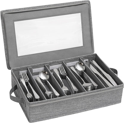 Lifewit Silverware Storage Box, Covered Flatware Organizer with Zipper Lid, 5 Compartment Cutlery Case with Adjustable Divider and Handle, Utensil Container for Spoon Fork Knives, 1 Pack