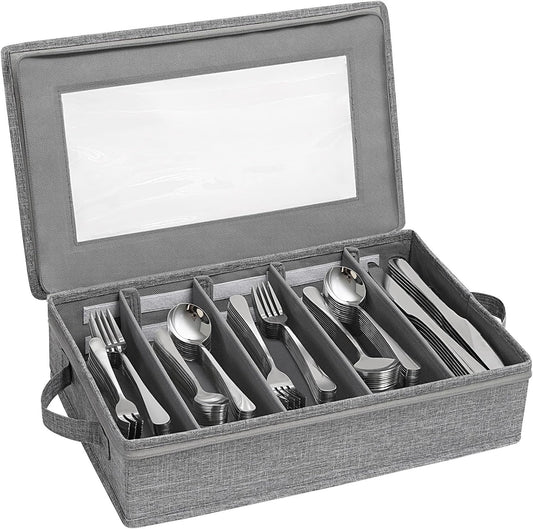 Lifewit Silverware Storage Box, Covered Flatware Organizer with Zipper Lid, 5 Compartment Cutlery Case with Adjustable Divider and Handle, Utensil Container for Spoon Fork Knives, 1 Pack