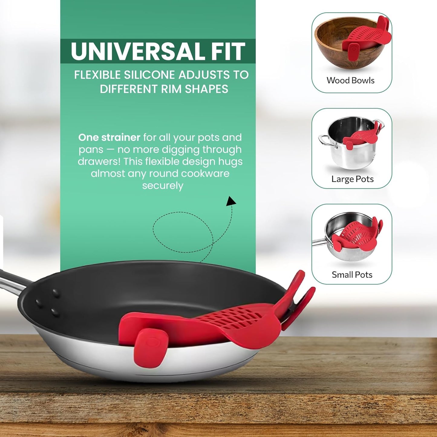 Pasta Strainer Clip-On for Pots and Pans – Heat Resistant Colander for Vegetables and Noodles – Space-Saving Design – BPA-Free, Dishwasher Safe, Universal Fit (Black)