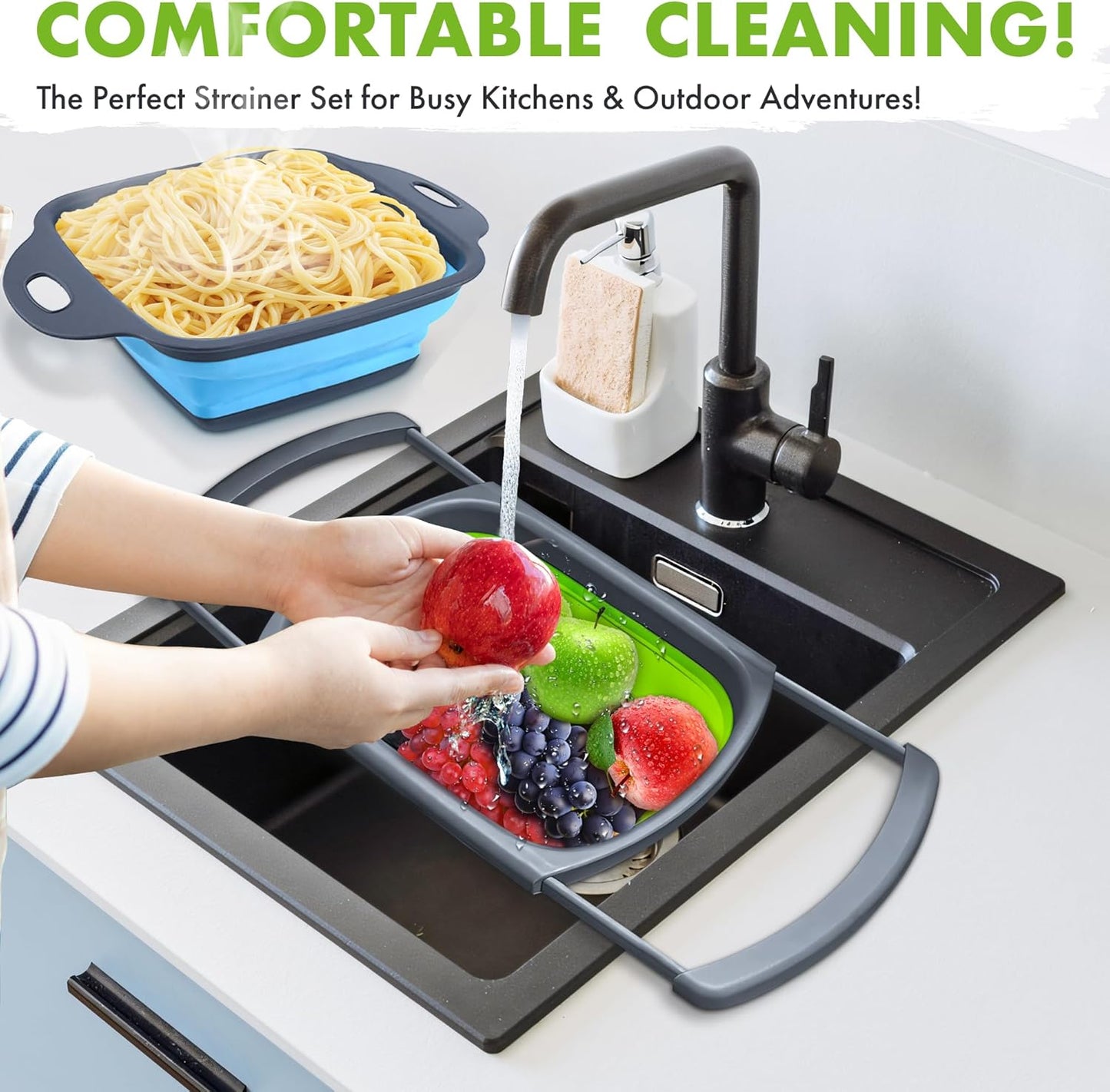 Silicone Collapsible Colander Sink Colander Collapsible Camping Versatile Collapsible Strainer Sink strainer basket over Sink Strainer (Red Green Blue)