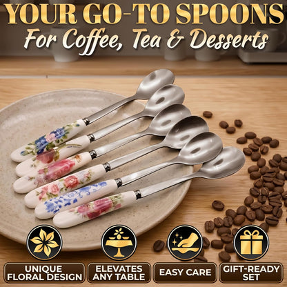 6 PCs Ceramic Handle Coffee Spoons Set – 6.1" Small Dessert Spoons with Floral Design – Stainless Steel Tea & Dessert Sugar Spoon for Coffee Bar, Espresso, Hot Drinks | Kitchen Gift Set for Women